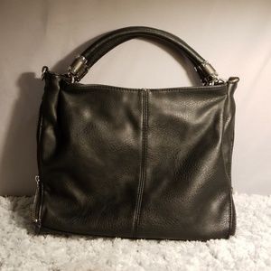 Black faux leather tote handbag c zipper accent